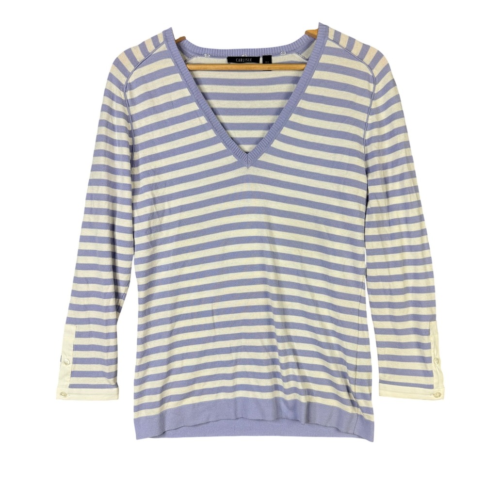 Carlisle Womens Small Lavender Purple White Striped V-Neck 3/4 Sleeve Sweater